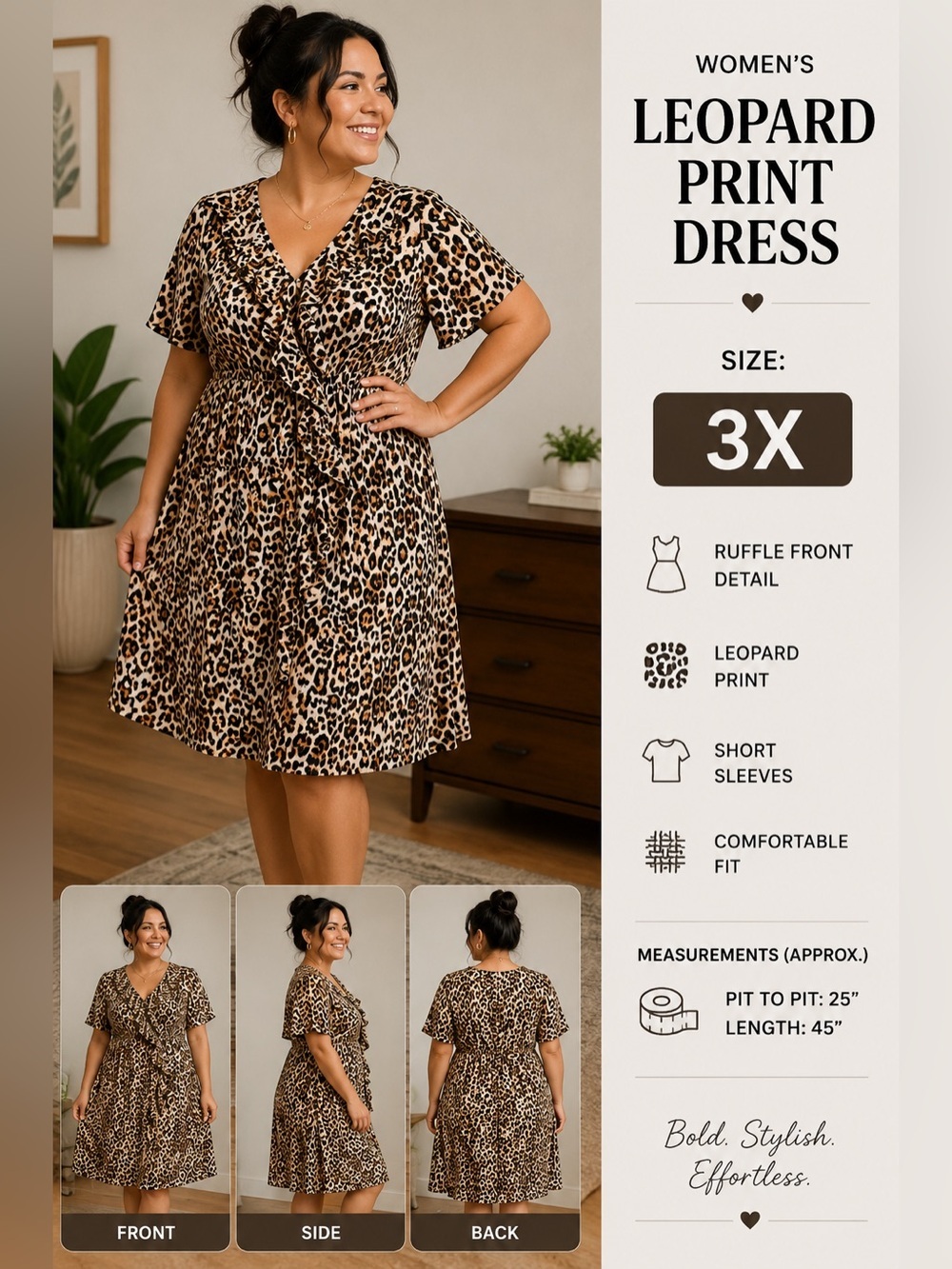 Antthony Leopard Print Ruffle Front Dress in Tan, Black & Cream 3X